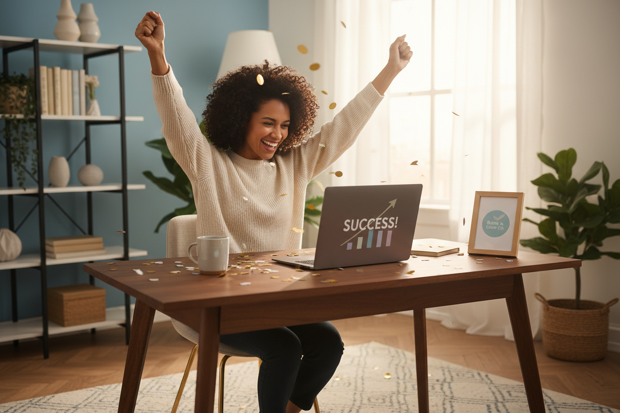 Happy woman succeeding with her online store