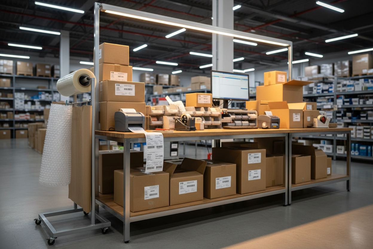 Packing Station with Cardboard Boxes and Shipping Supplies